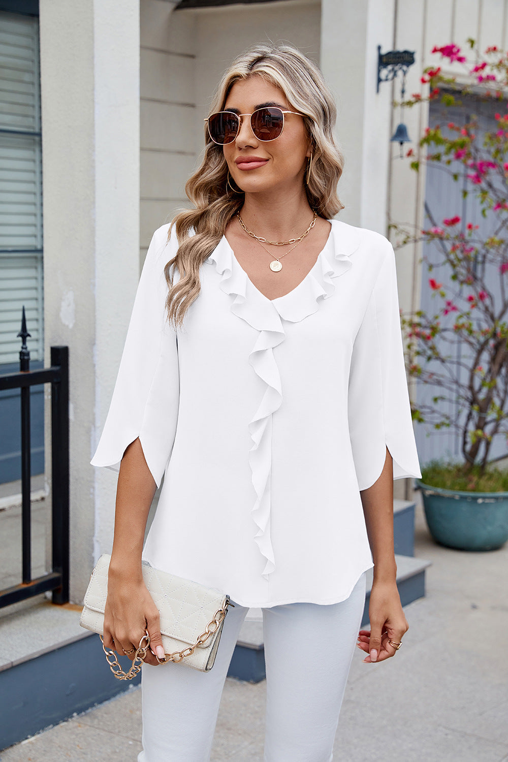 Outfit Flow - Ruffled V-Neck Three-Quarter Sleeve Blouse