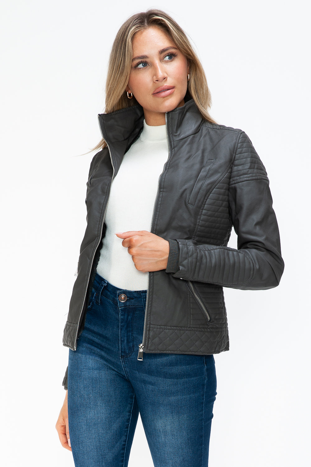 Outfit Flow - YMI Faux Layered Double-Zipper Jacket with Fuzzy Hood