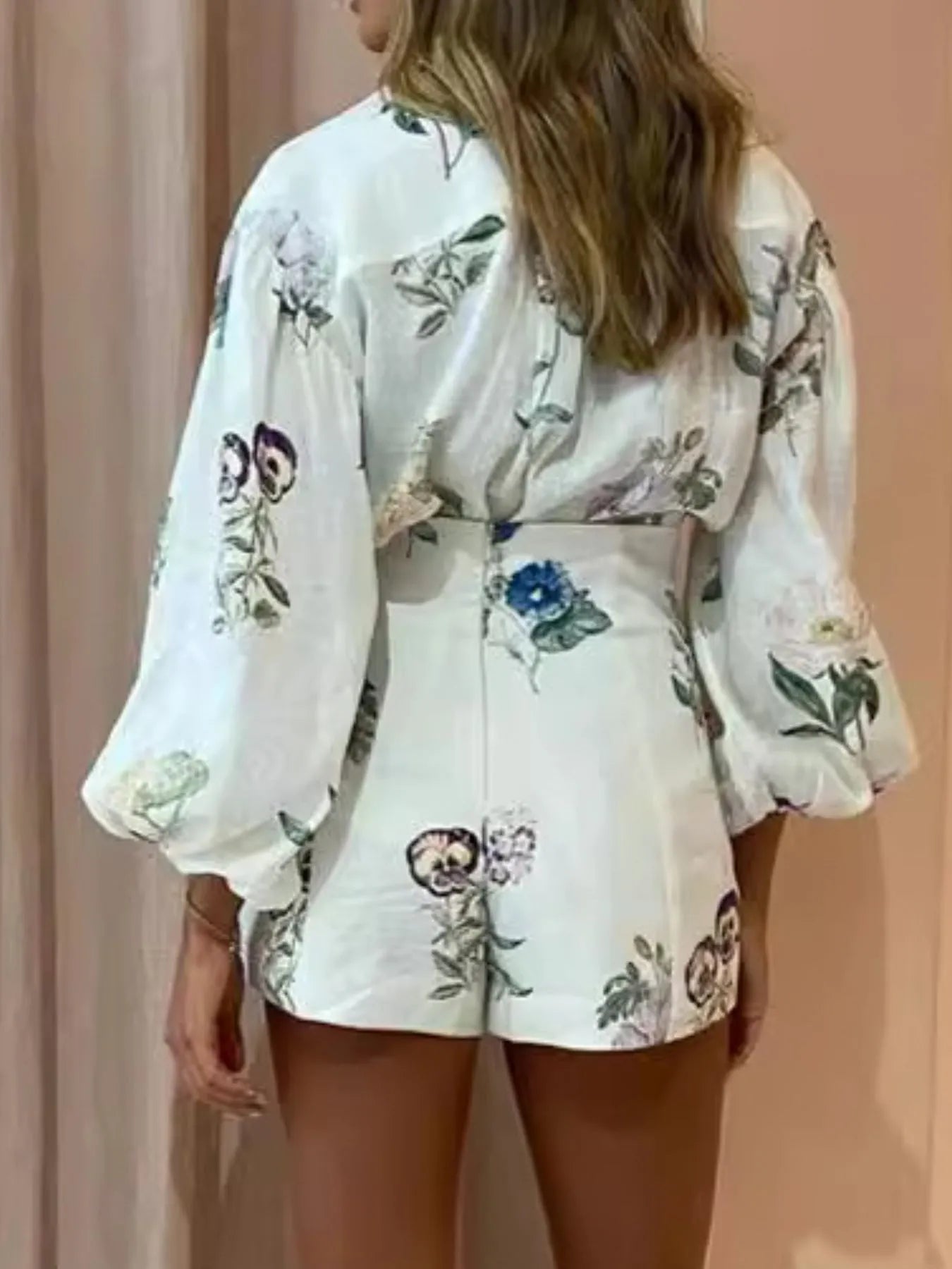 Printed Balloon Sleeve Top and Shorts Set OutfitFlow