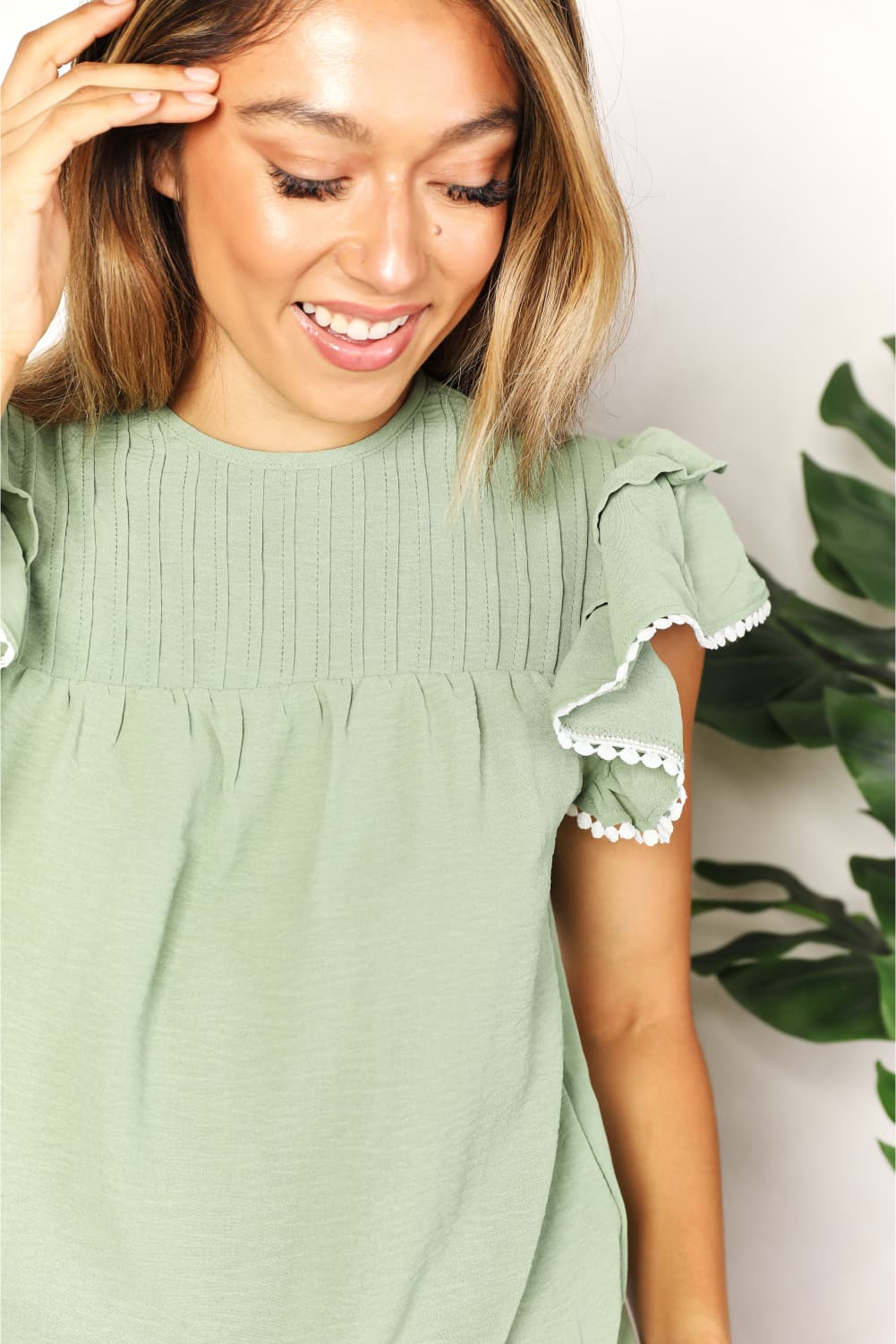 Perfee Pleated Detail Flutter Sleeve Blouse