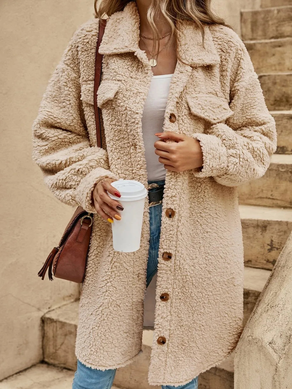 Collared Button Down Coat Tan Trendsi