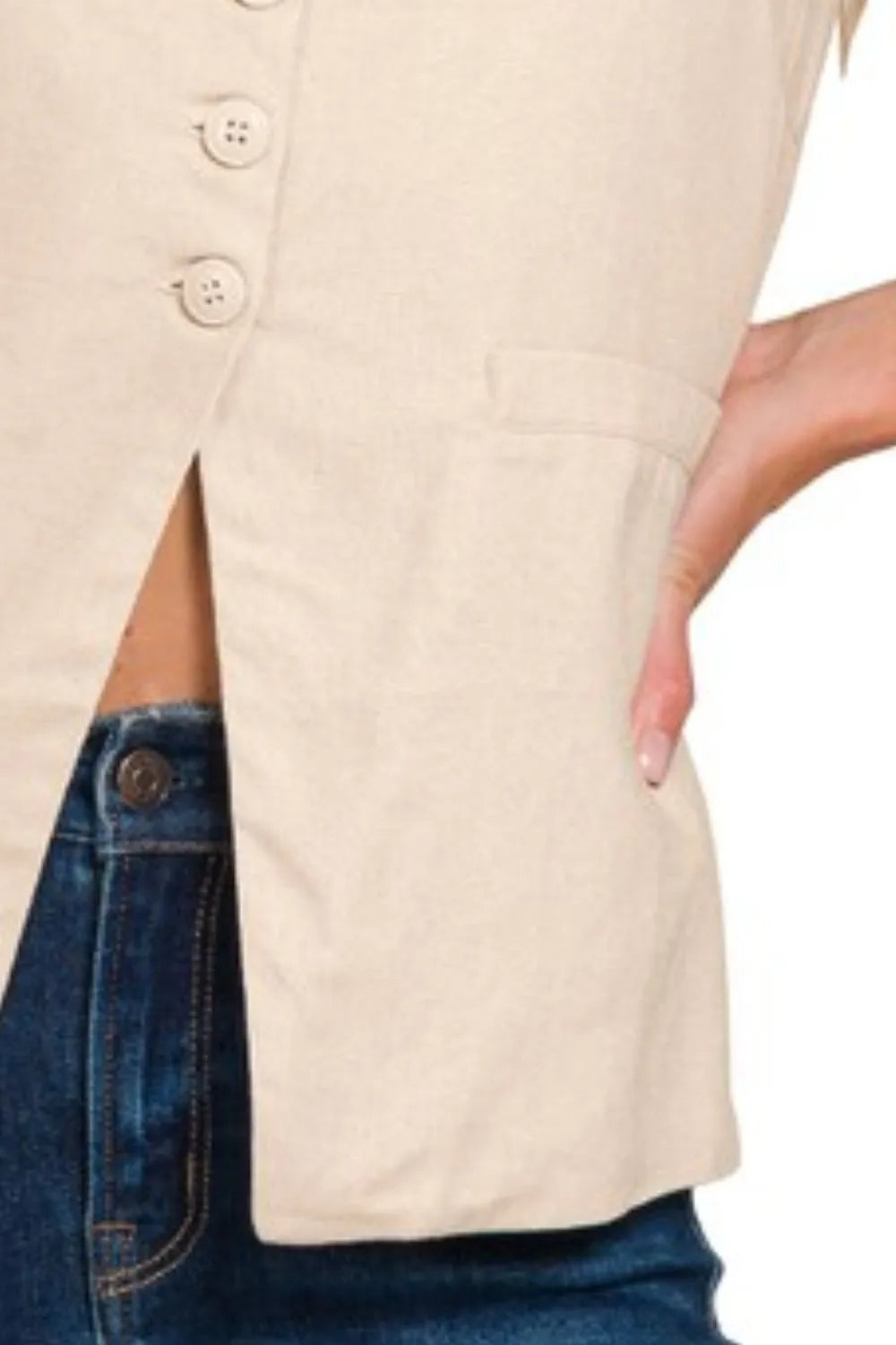 Zenana Linen Tie-back 4-button Vest with Lining OutfitFlow