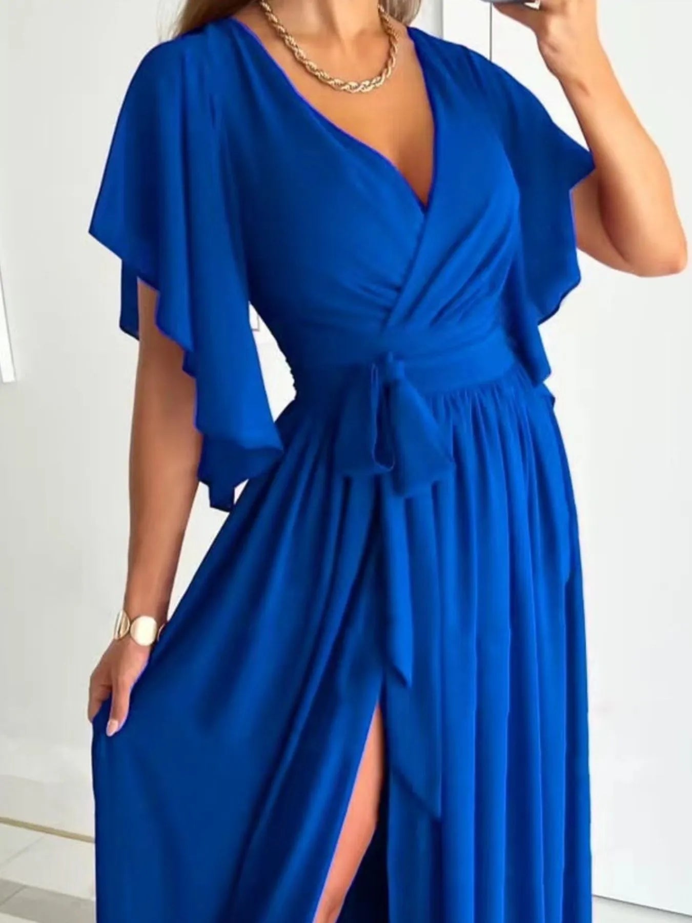 Flutter Sleeve Surplice Tie Waist Dress OutfitFlow