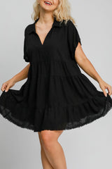 Umgee Full Size Raw Hem Folded Sleeve Tiered Dress Plus Size OutfitFlow