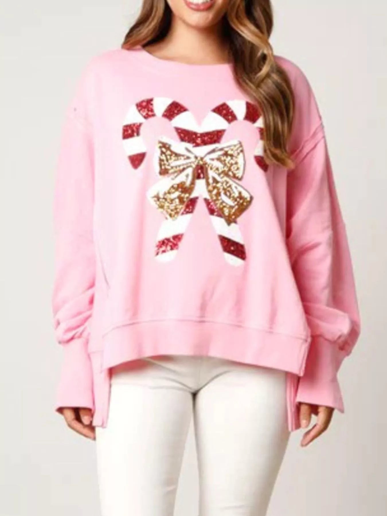 Christmas Candy Cane Bow Dropped Shoulder Sweatshirt OutfitFlow