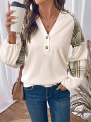 Plaid V-Neck Button Front Sweatshirt OutfitFlow