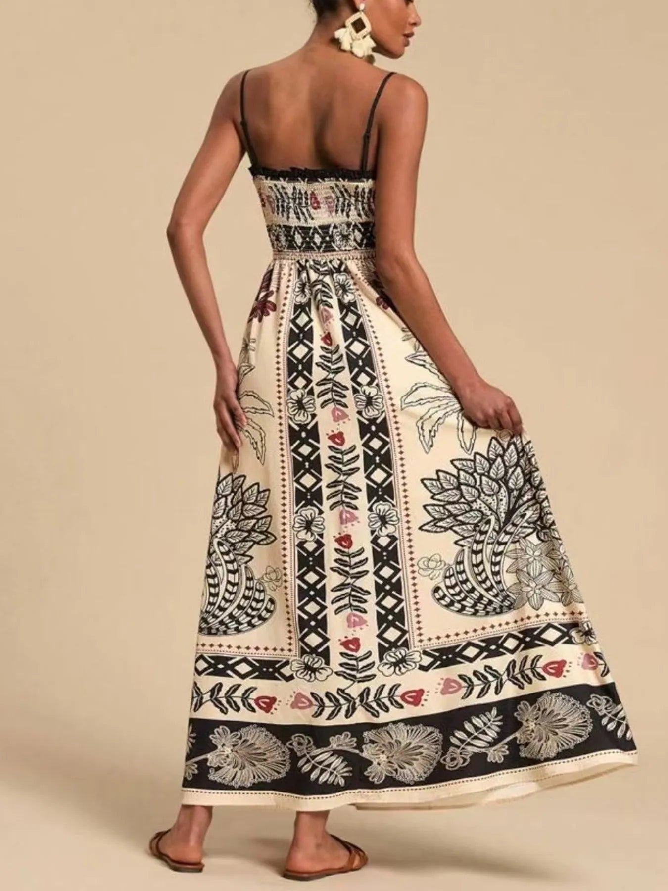 Smocked Printed Spaghetti Strap Maxi Summer Dress OutfitFlow