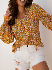 Floral Ruffled Bubble Sleeve Tie Neck Blouse OutfitFlow