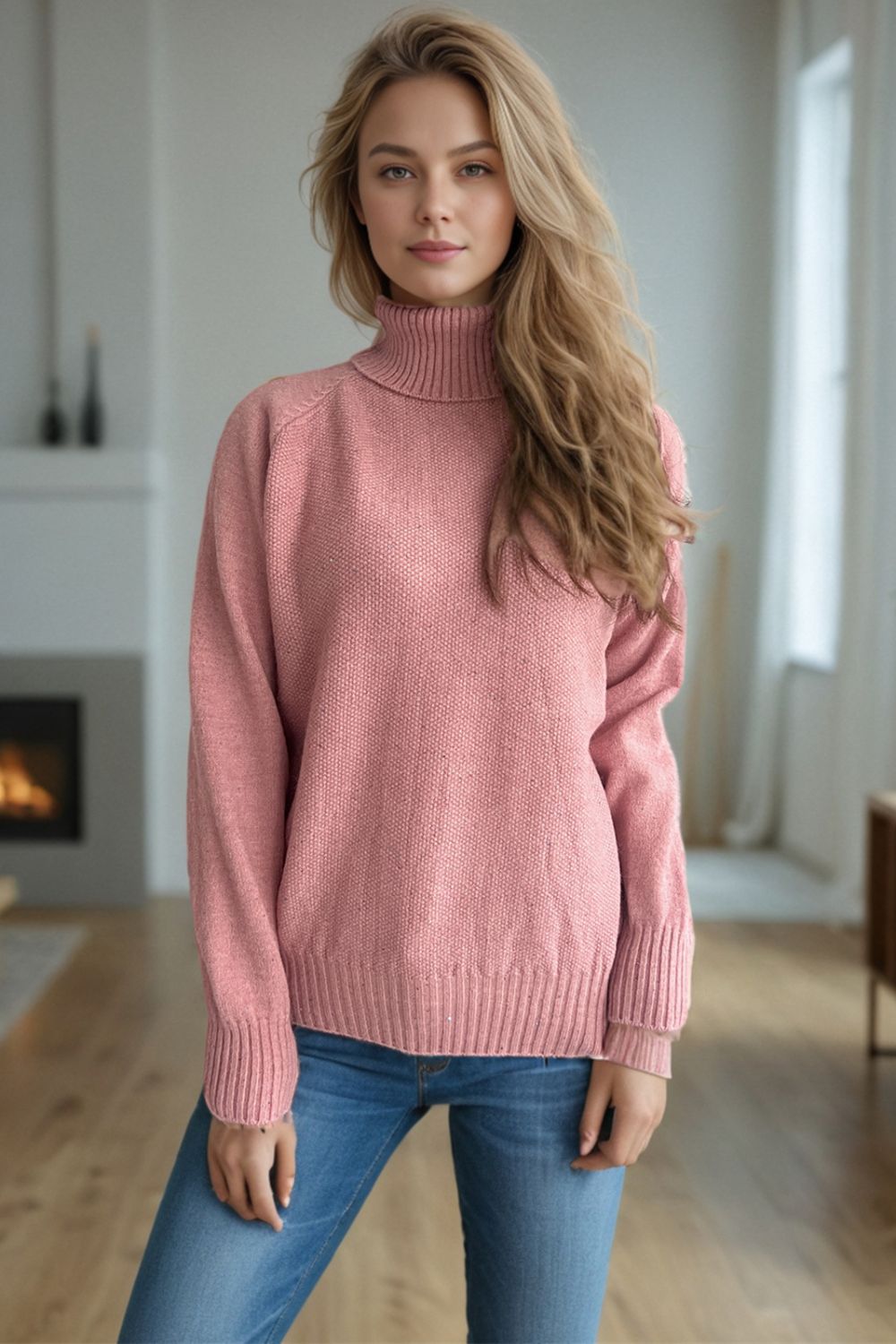 Outfit Flow - Ribbed Turtleneck Raglan Sleeve Sweater