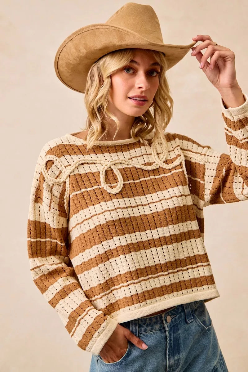 BiBi Striped Open Knit Sweater Top with Front Braided Detail OutfitFlow