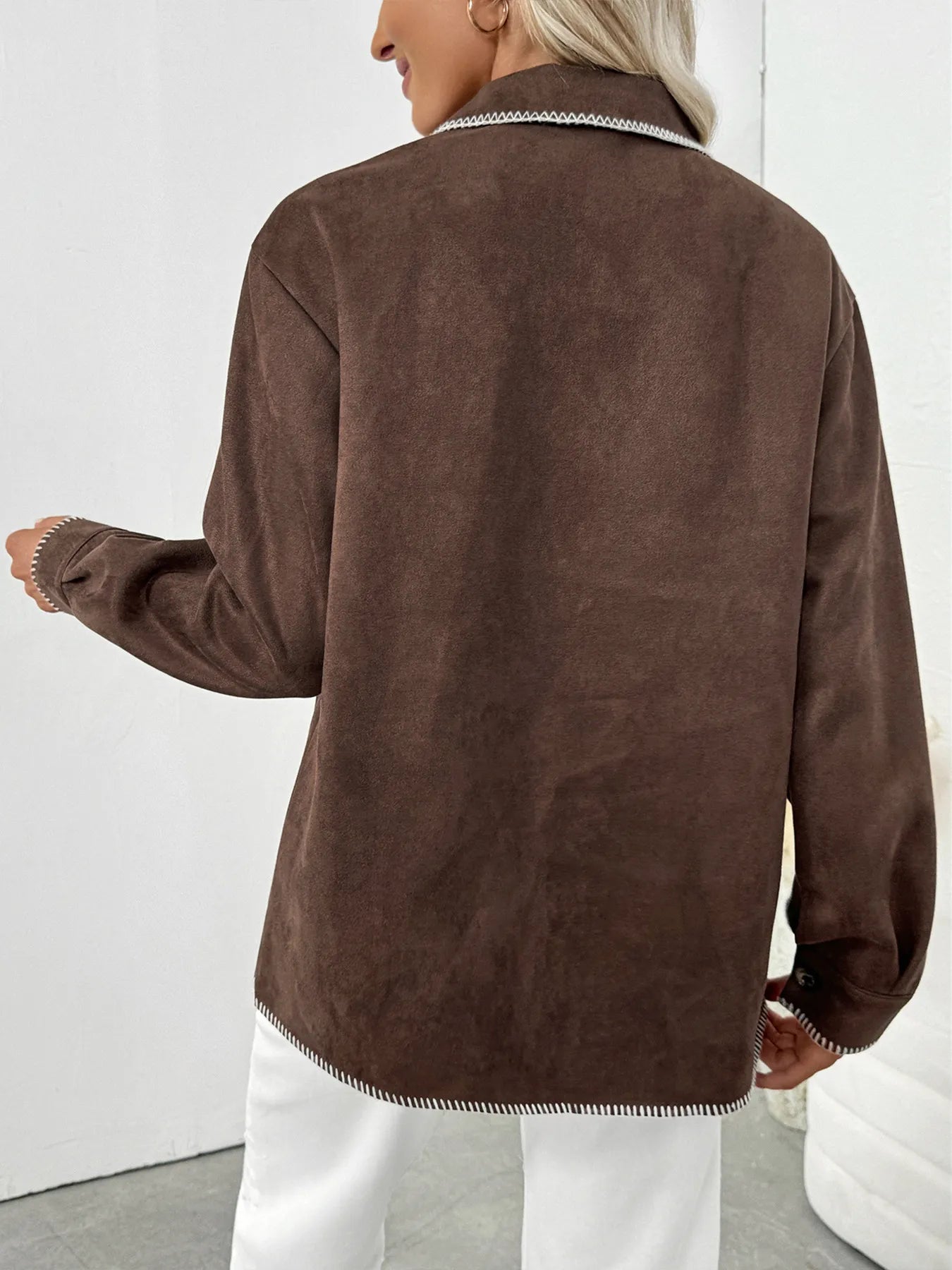 Button Up Contrast Trim Jacket OutfitFlow