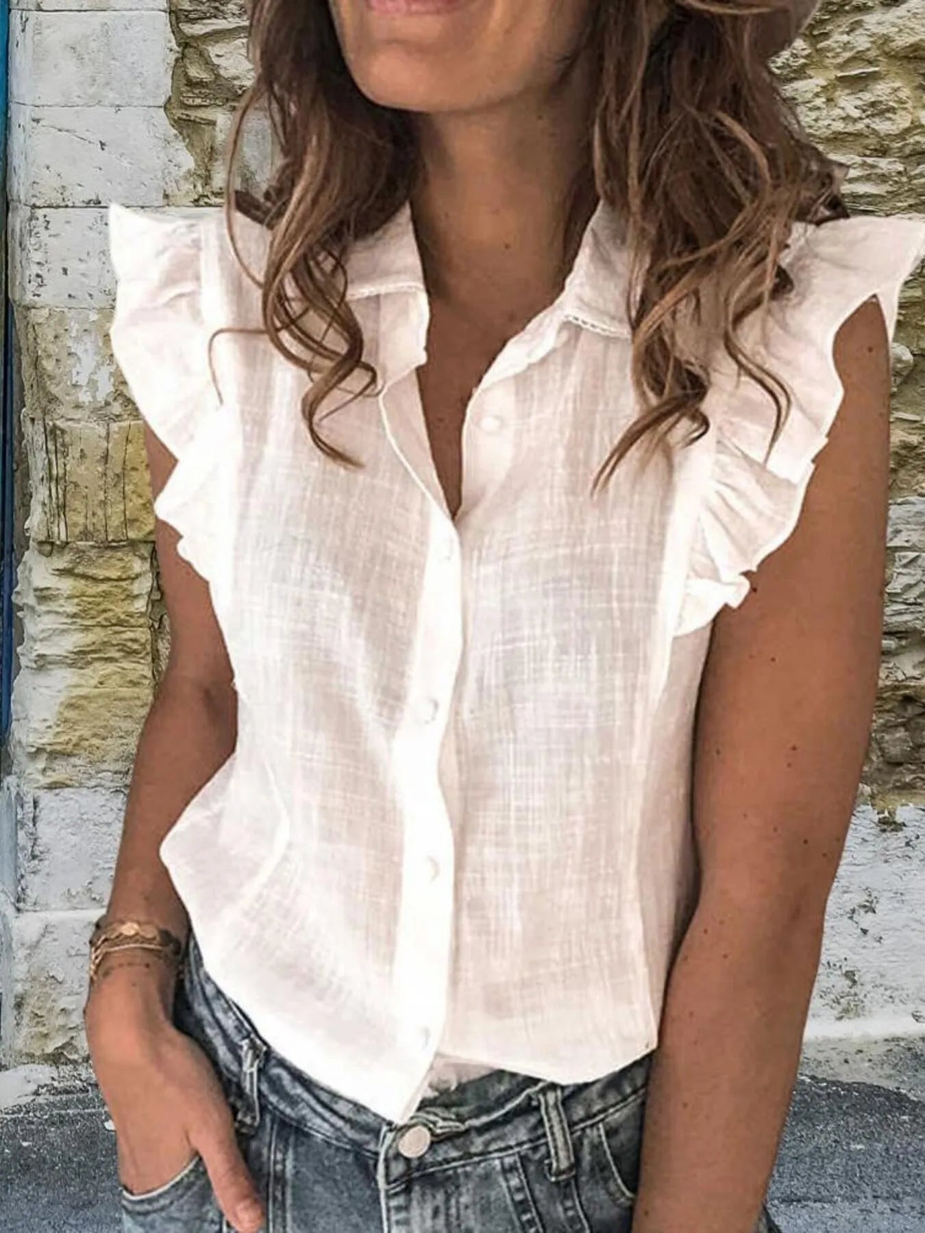 Ruffle Sleeve Button-Up Shirt White OutfitFlow
