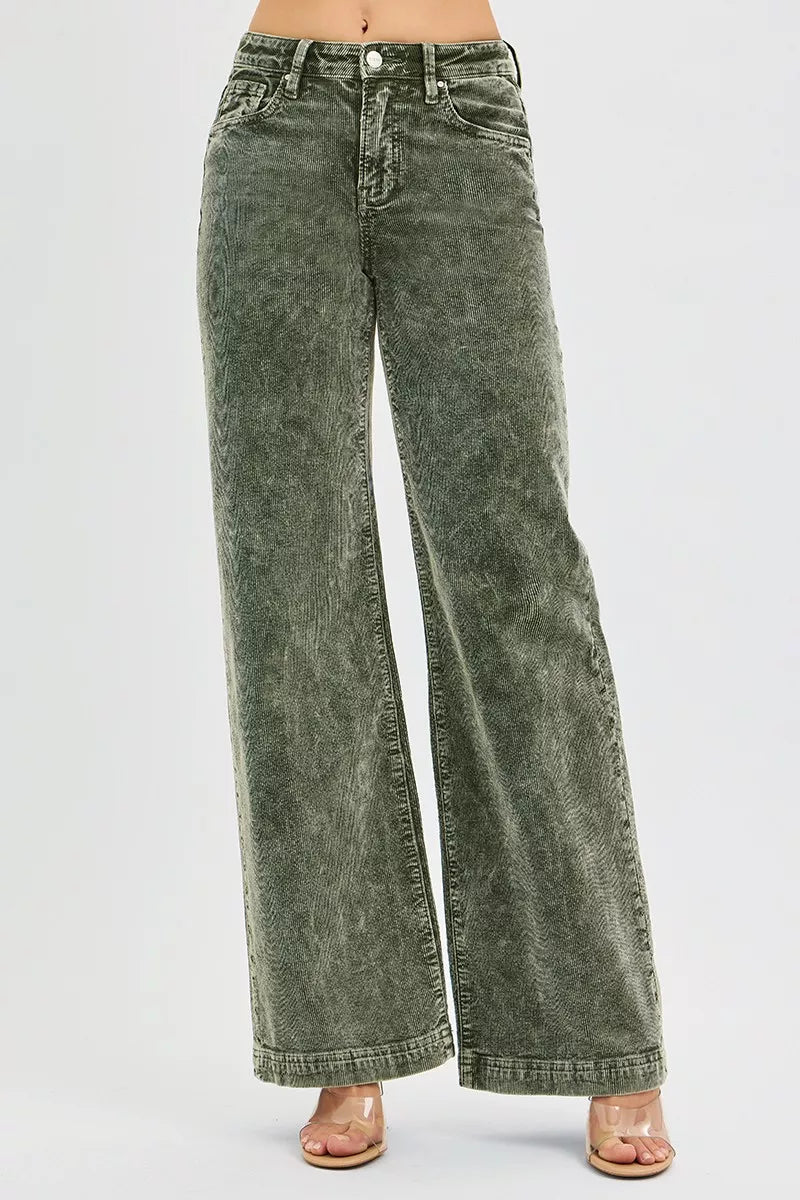 RISEN Full Size High Rise Wide Leg Corduroy Jeans Plus Size FOREST Trendsi