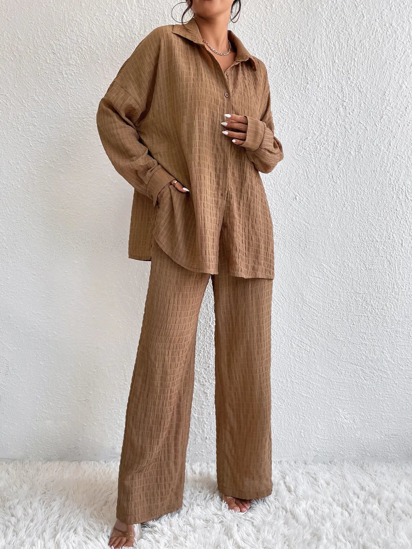 Button Up Long Sleeve Shirt and Pants Set OutfitFlow