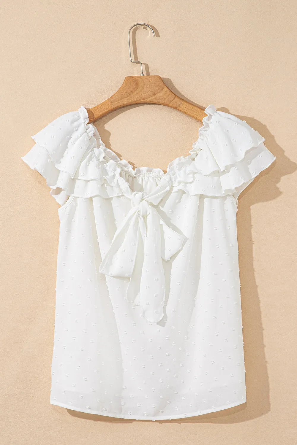 Off Shoulder Ruffle Knotted Detail Swiss Dot Blouse OutfitFlow