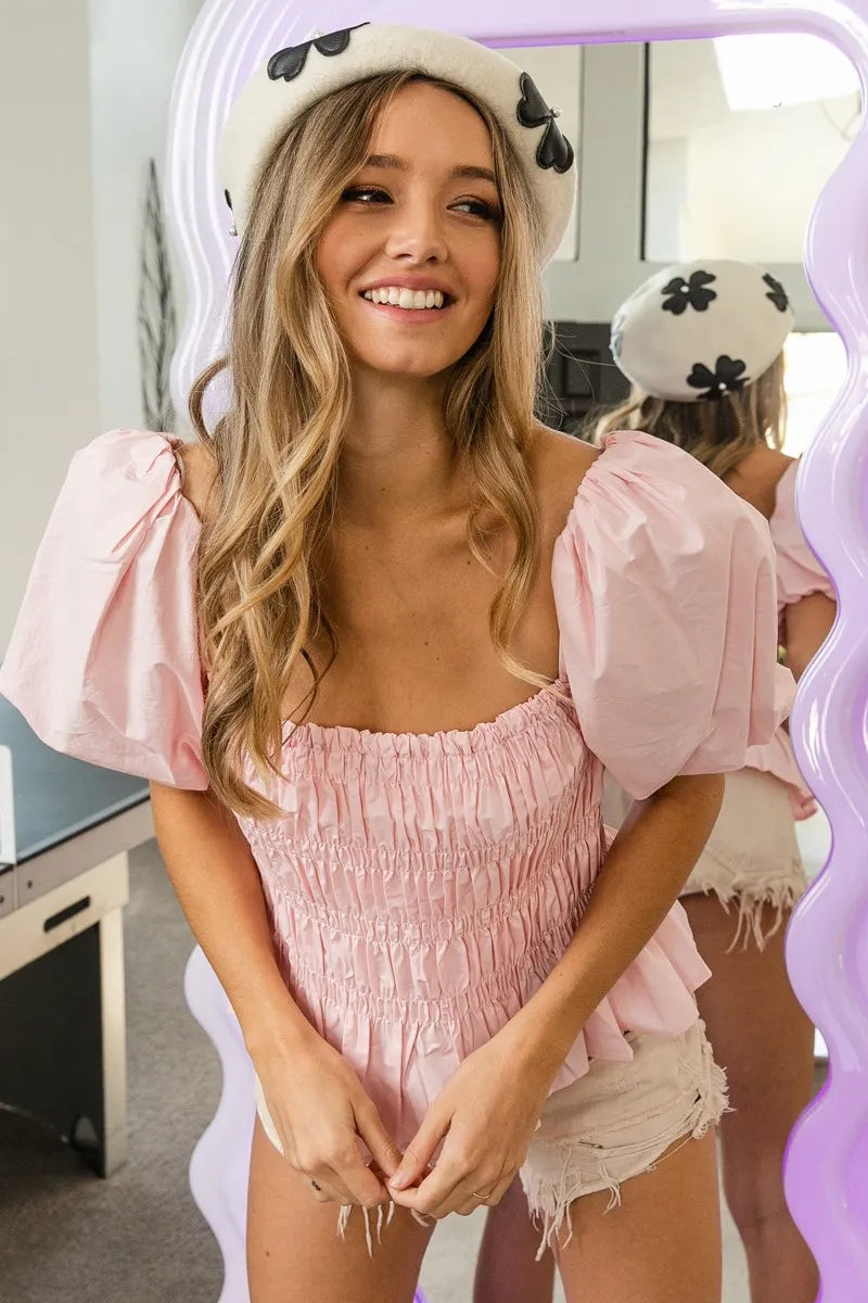 BiBi Puff Sleeve Square Neck Smocked Peplum Top OutfitFlow