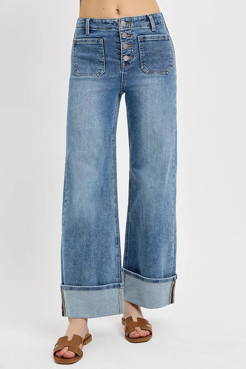 RISEN High Rise Ankle Wide Button Patch Pocket Cuffed Jeans MEDIUM OutfitFlow