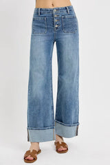 RISEN High Rise Ankle Wide Button Patch Pocket Cuffed Jeans MEDIUM OutfitFlow