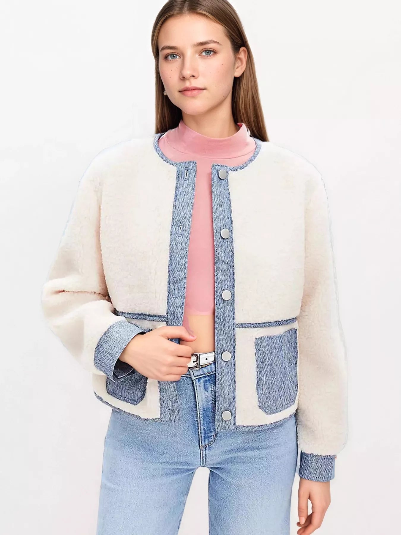 Contrast Trim Teddy Jacket OutfitFlow