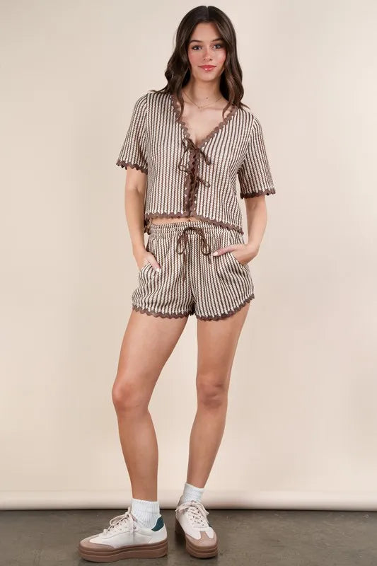 VERY J Wave Trim Detail Knit Top & Shorts Set OutfitFlow