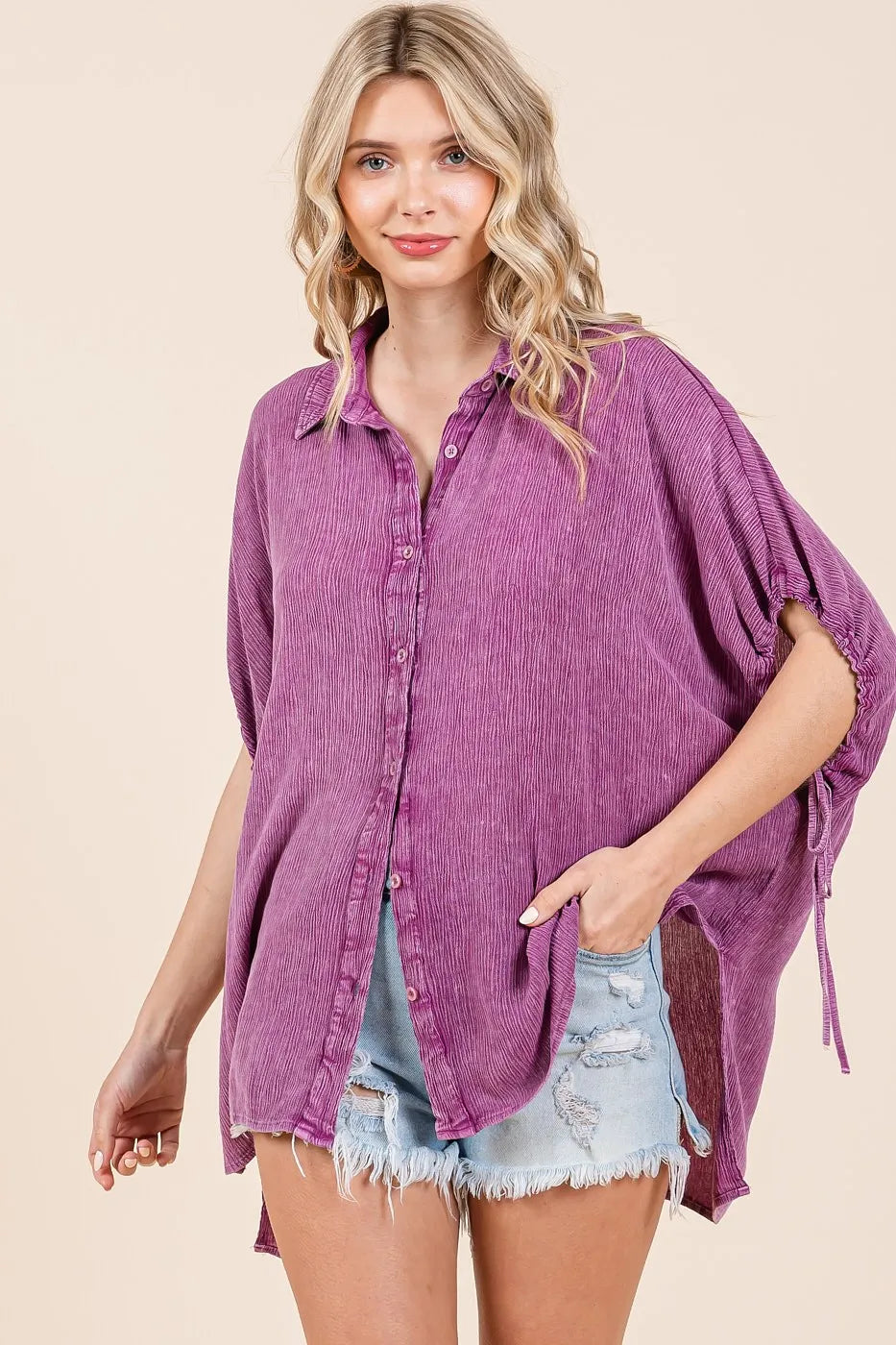 Mittoshop Mineral Wash Loose Fit Button Down Shirt DEEP ORCHID OutfitFlow