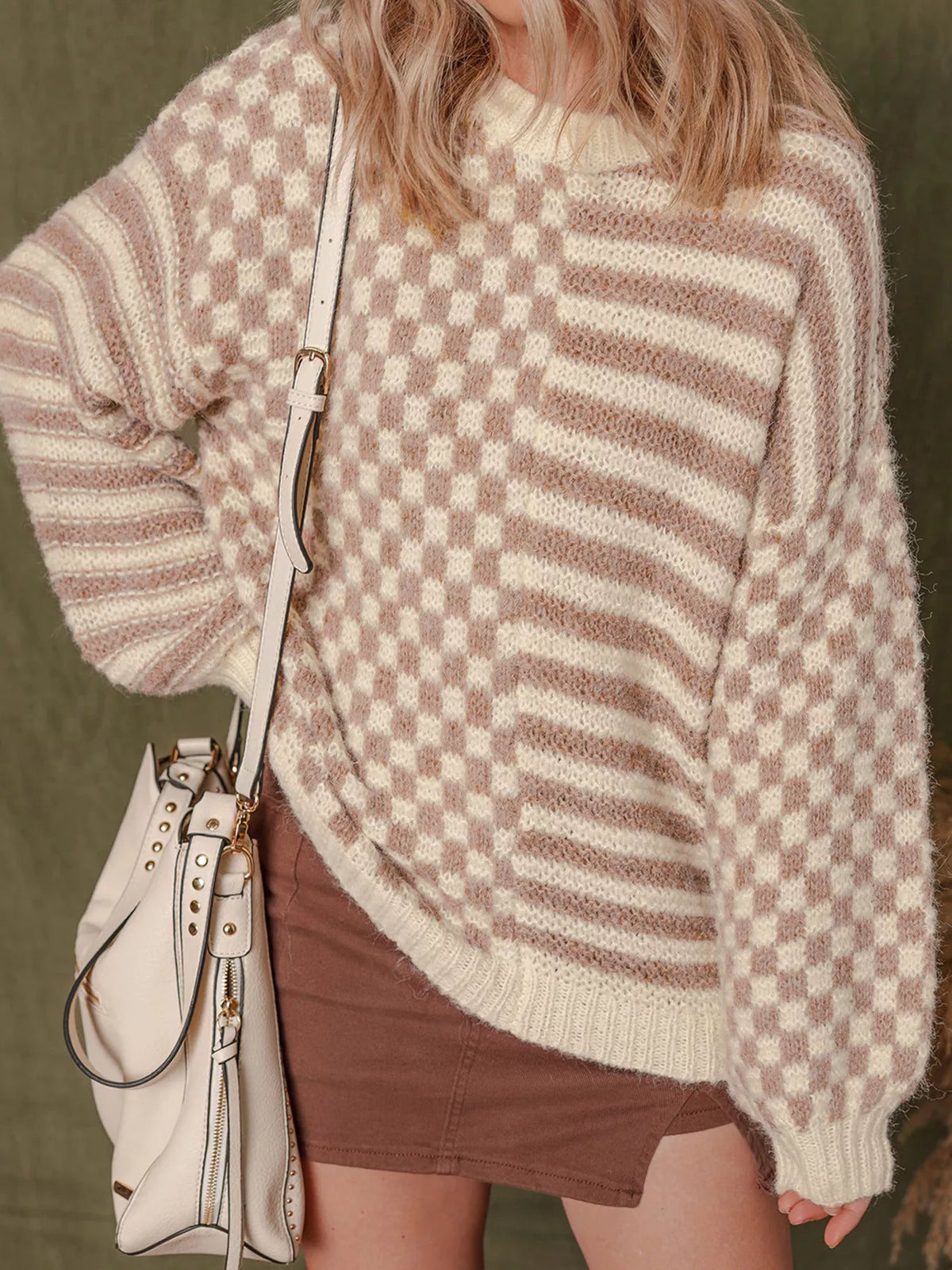 Checkerboard & Striped Pattern Knit Sweater Khaki OutfitFlow