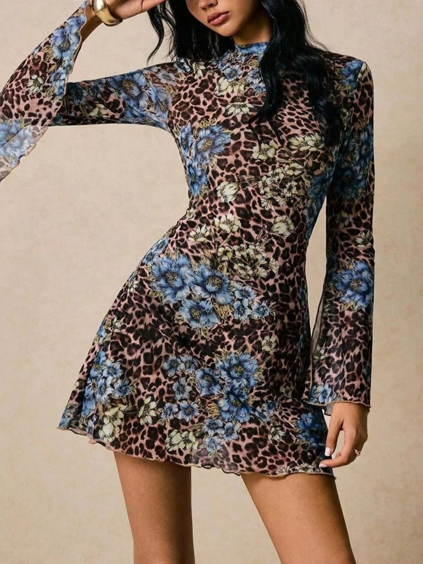 Floral Leopard Print Slit Sleeve Mini Dress OutfitFlow