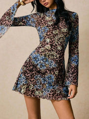 Floral Leopard Print Slit Sleeve Mini Dress OutfitFlow
