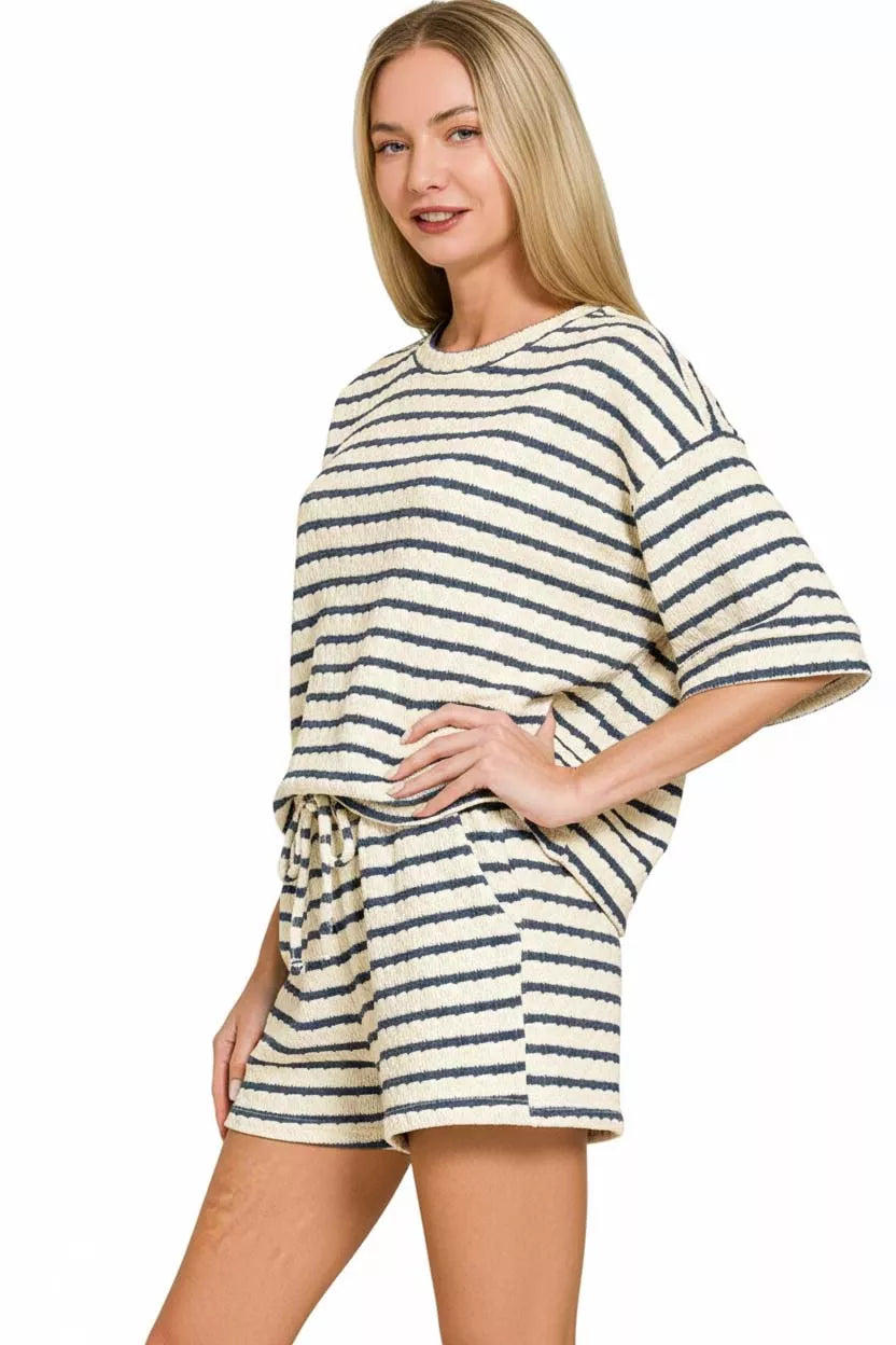 Zenana Striped Short Sleeve Tee & Shorts Set OutfitFlow