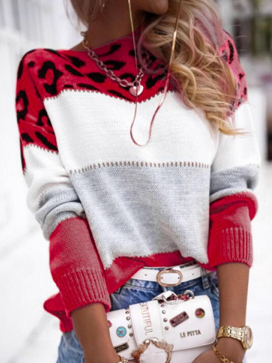 Outfit Flow - Leopard Color Block Round Neck Long Sleeve Sweater