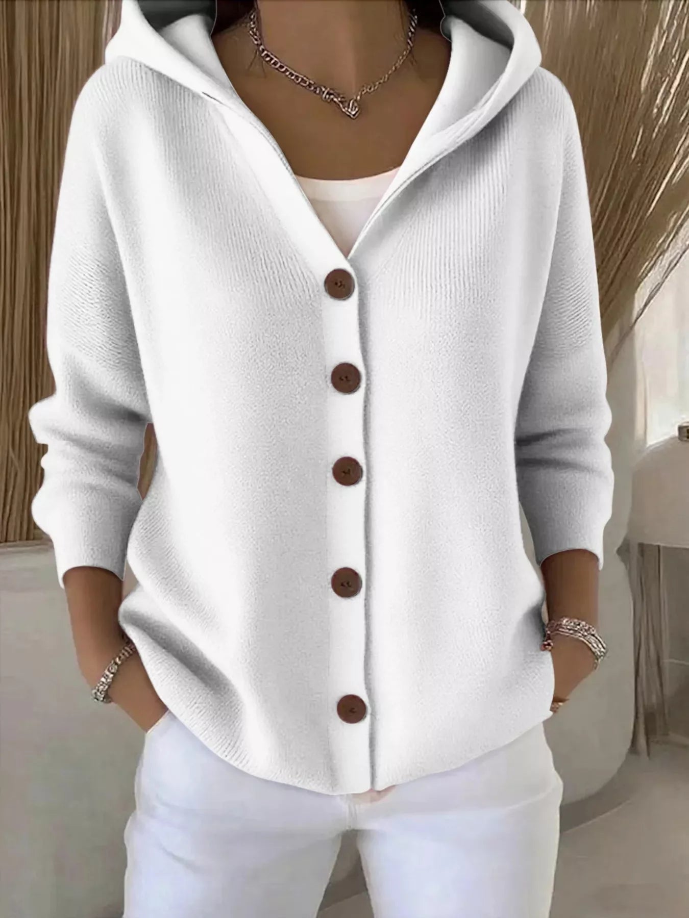 Full Size Hooded Button-Front Soft Knit Cardigan Plus Size White OutfitFlow