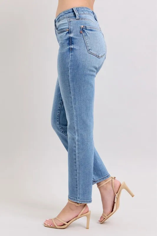 Judy Blue Full Size Mid Rise Vintage Wash Slim Jeans with Cell Phone Pocket Plus Size OutfitFlow