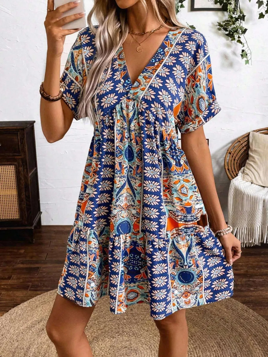 Printed V-Neck Short Sleeve Dress OutfitFlow