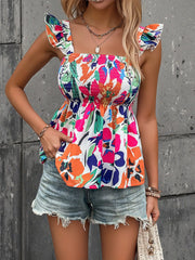 Smocked Printed Ruffled Blouse OutfitFlow