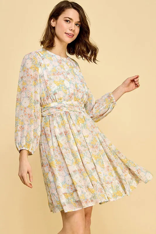 Lime 'N' Chili Chiffon Floral Print Belted Dress with Back Zipper OutfitFlow
