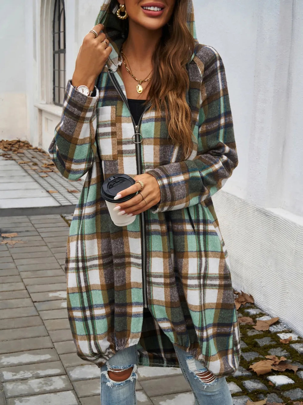 Devine Plaid Zip Up Hooded Coat Trendsi