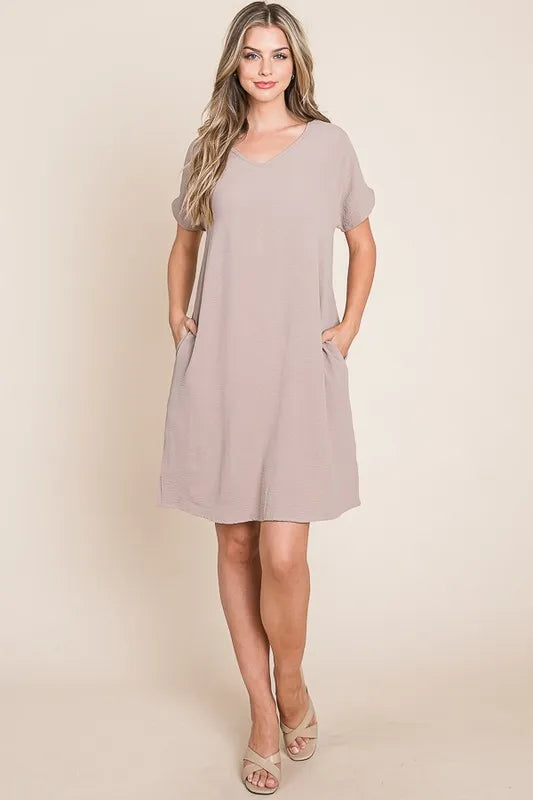 BOMBOM V-Neck Short Sleeve Dress with Pockets OutfitFlow