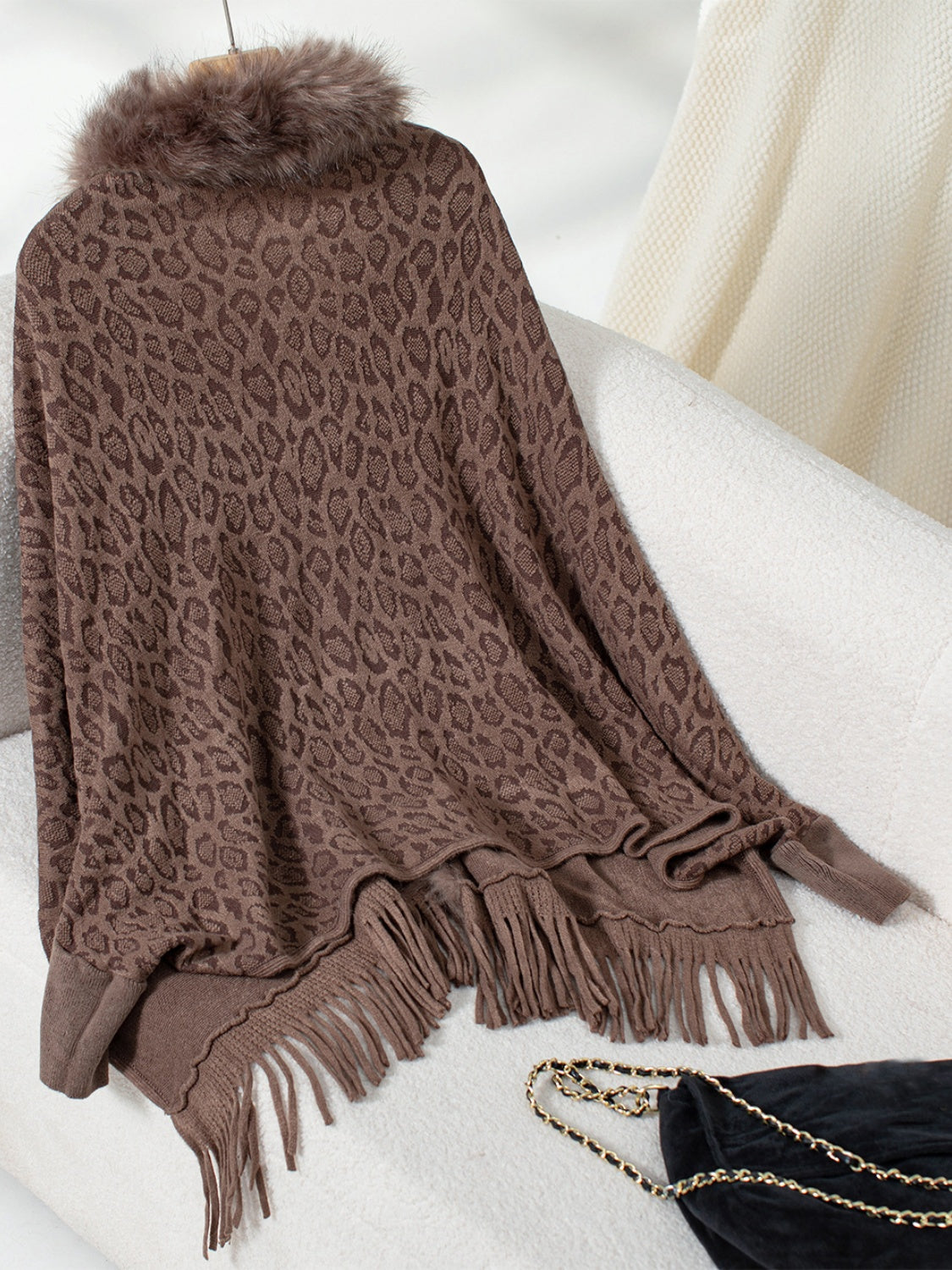 Outfit Flow - Fringe Leopard Open Front Long Sleeve Poncho