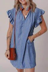 Stripe Frilly Split Neck Shirred Ruffle Sleeve Short Shift Dress OutfitFlow