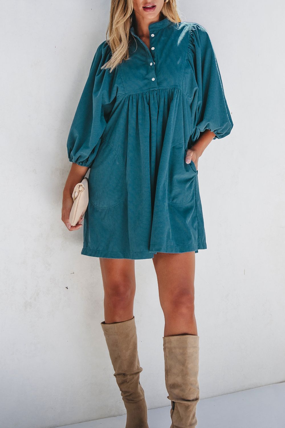 Corduroy Quarter Snap Three-Quarter Sleeve Dress OutfitFlow