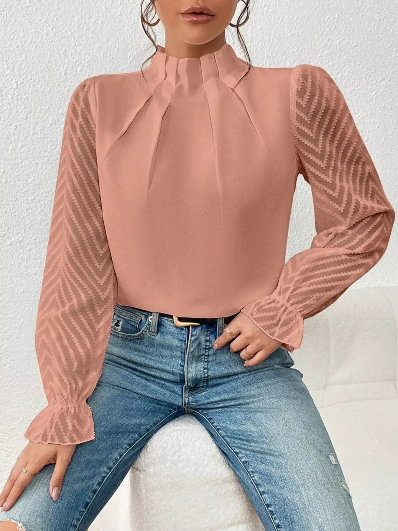 Mock Neck Sheer Lace Sleeve Blouse Coral OutfitFlow