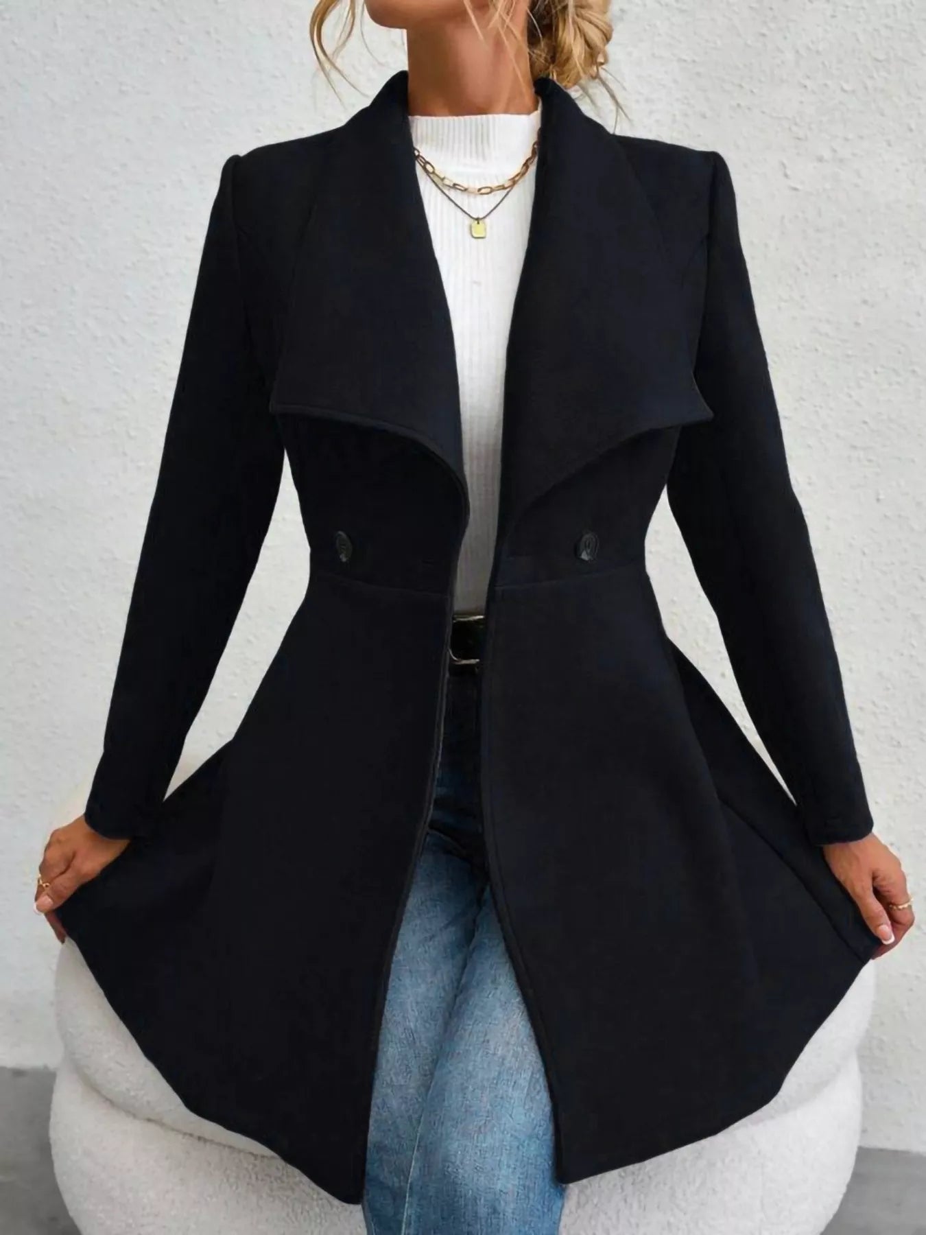 Collared Neck Double Breasted Coat Trendsi