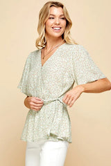 Lime 'N' Chili Ditsy Print V-Neck Short Sleeve Wrap Blouse OutfitFlow