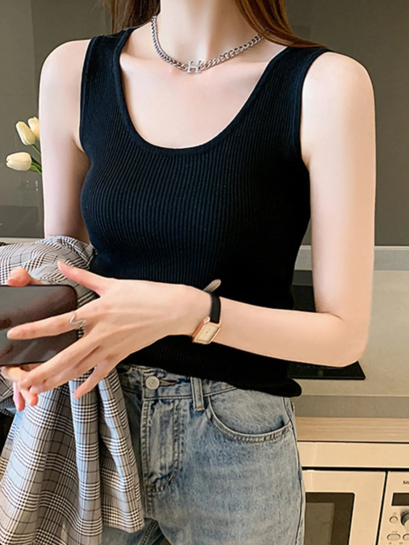 Plus Size Ribbed Scoop Neck Tank OutfitFlow