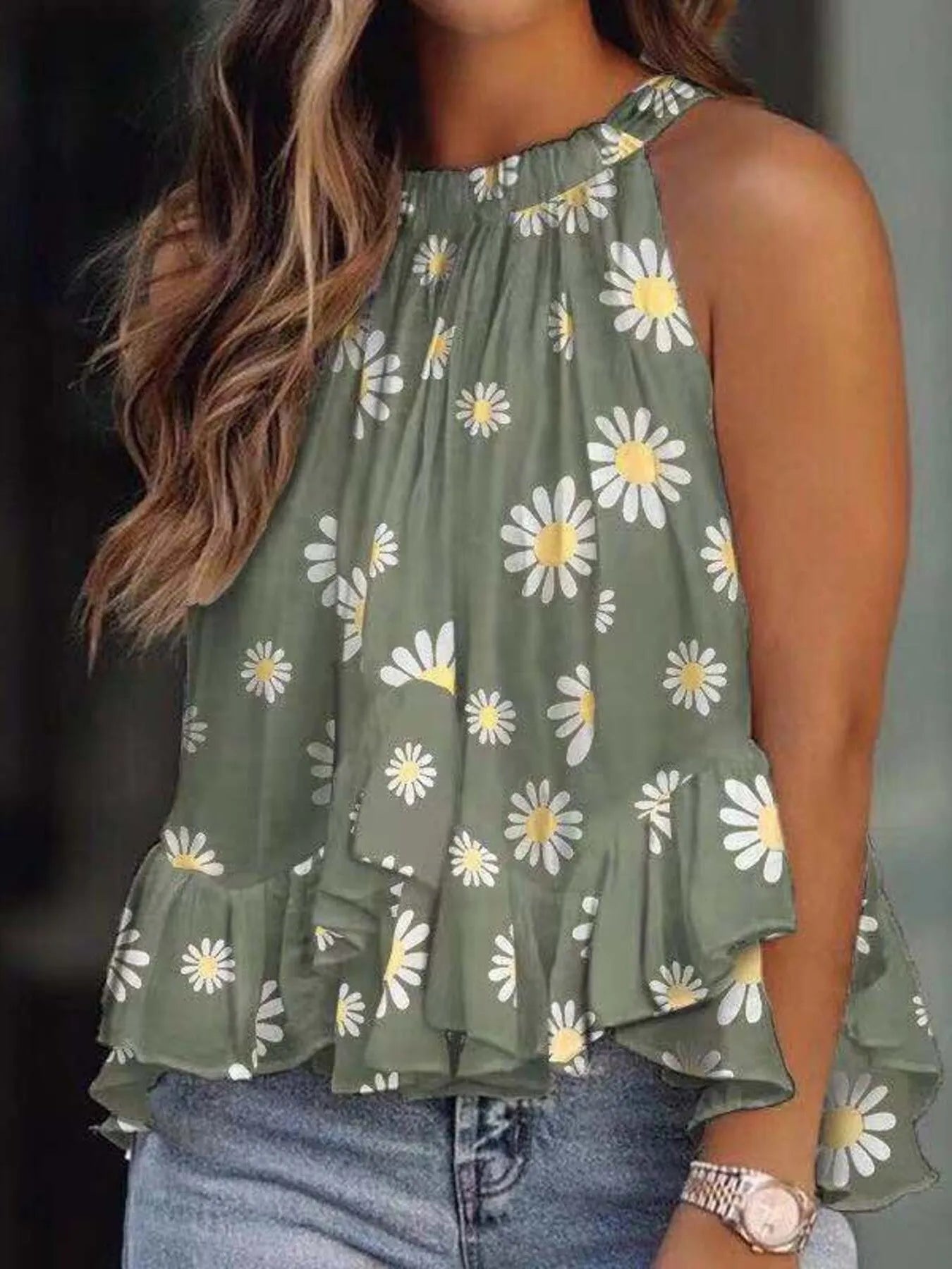 Ruffled Printed Halter Neck Cami Top Green OutfitFlow