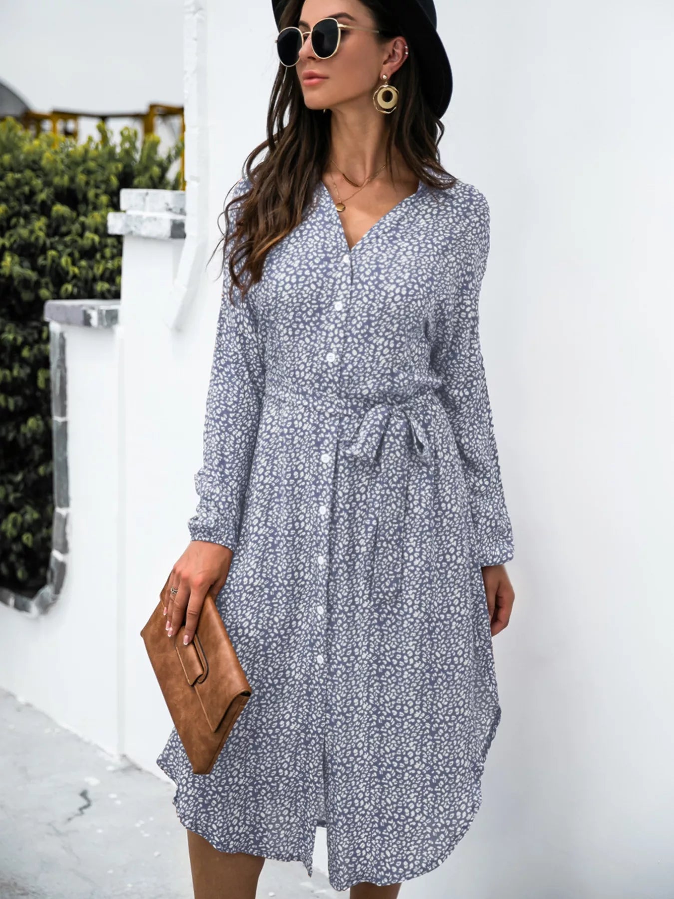 Button Down Printed Long Sleeve Shirt Dress OutfitFlow