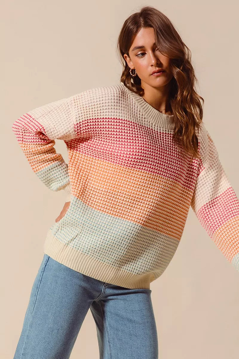 SO ME Multi Color Block Long Sleeve Sweater OutfitFlow