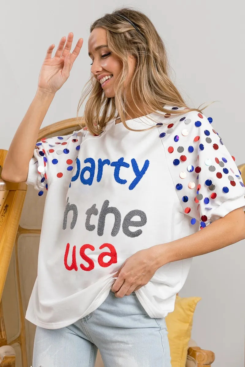 BiBi Party In The Usa Spangle Puff Sleeves Top OutfitFlow