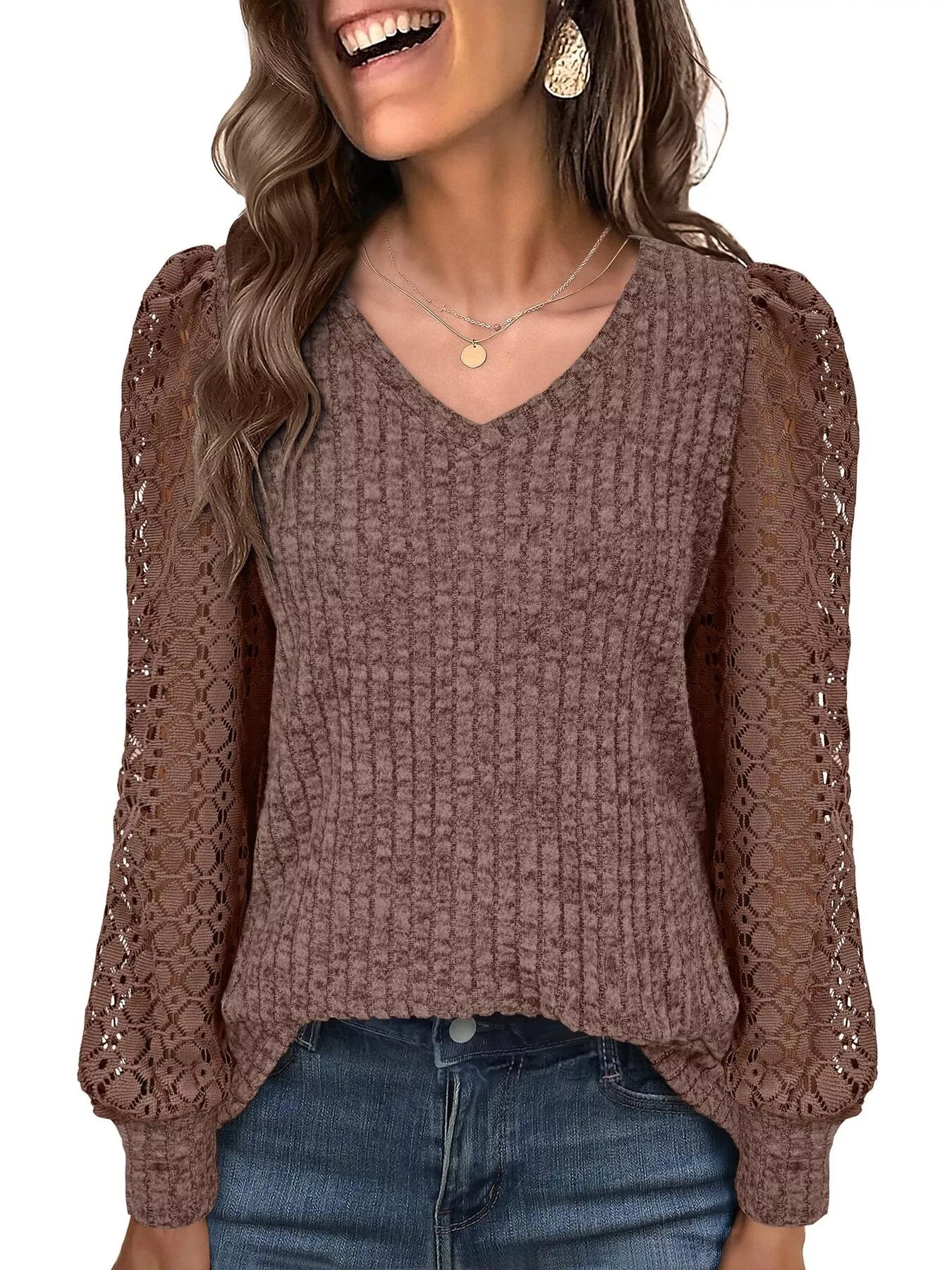 Lace Sleeve V-Neck T-Shirt OutfitFlow