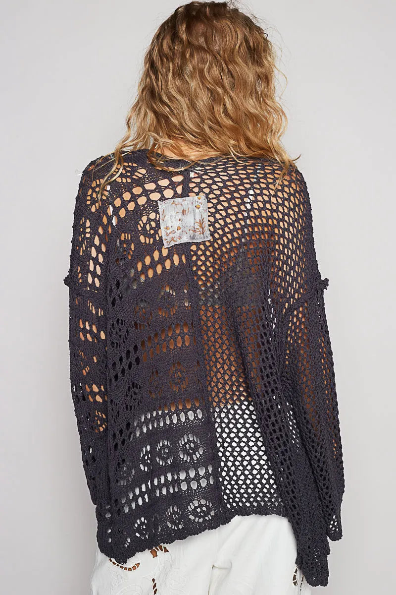 POL Open-Front Crochet Oversized Cardigan OutfitFlow